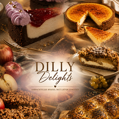 De lekkernijen van Dilly Delights. O, wat lekker zjeg ! Ambachtelijk gemaakte lekkernijen zoals kruimelige appelkruimel cheesecake met roomlaag, verse stukjes appels en een krokante topping.