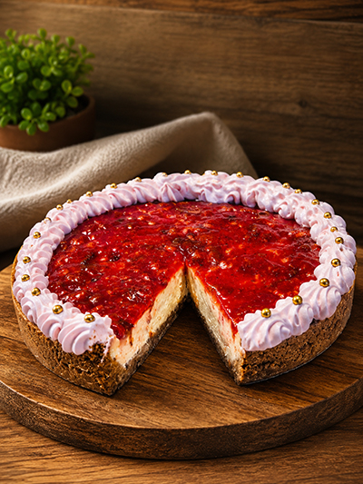Ambachtelijke Opal Victoria cheesecake met fluweelzachte cheesecakevulling en een rijke fruitige topping in een luxe uitstraling.