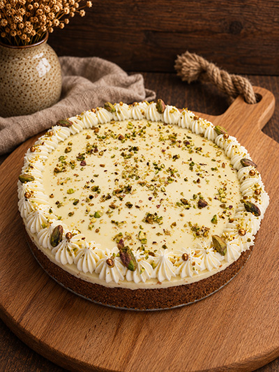 Luxe pistache cheesecake met een rijke pistachetopping, witte premium Callebaut chocolade en geroosterde pistachenoten.