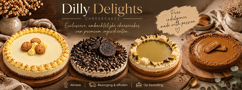 Lekkernijen van Dilly Delights ! Ambachtelijk gemaakte lekkernijen zoals kruimelige appelkruimel cheesecake met roomlaag, verse stukjes appels en een krokante topping.